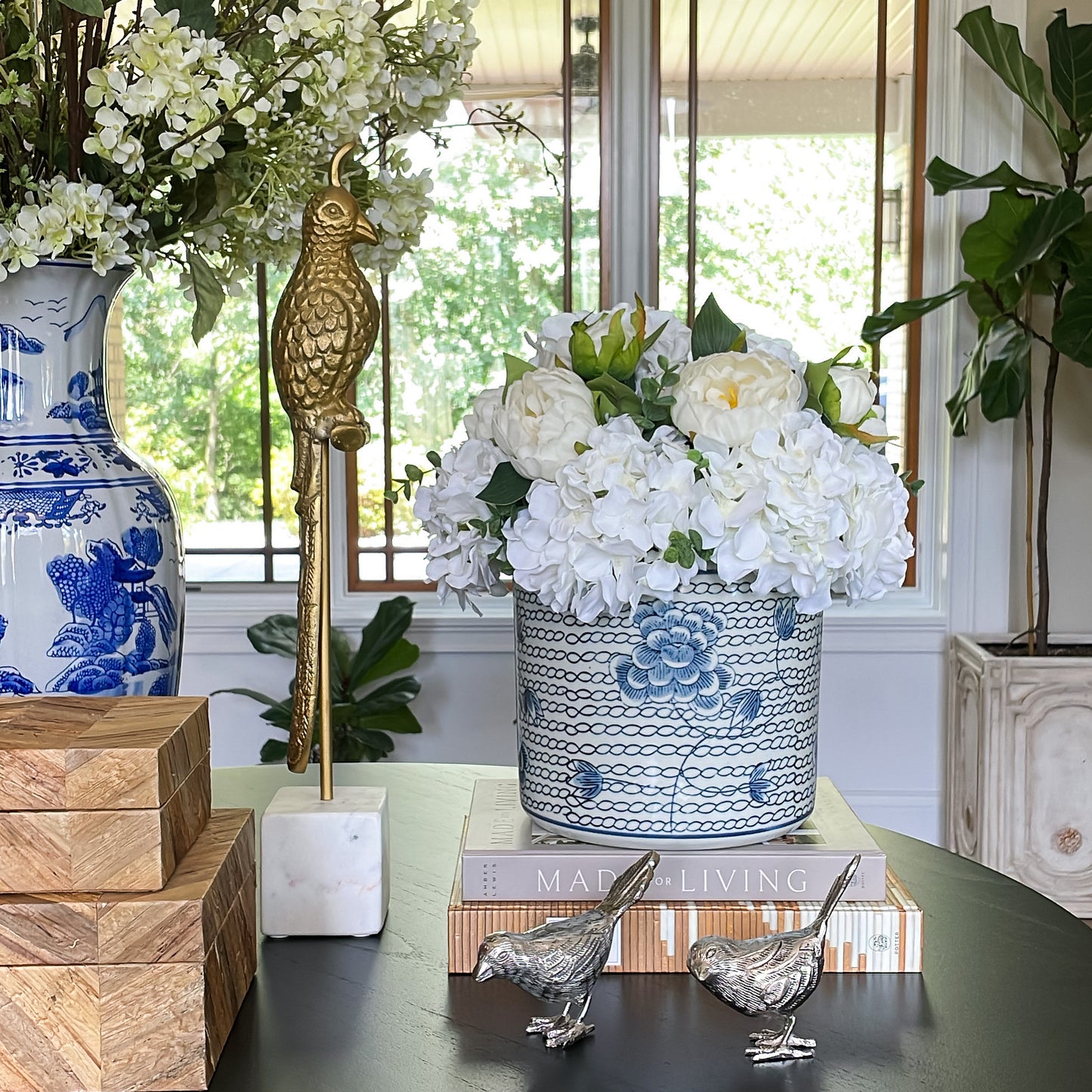 Blue and White Chrysanthemum Flower Planter