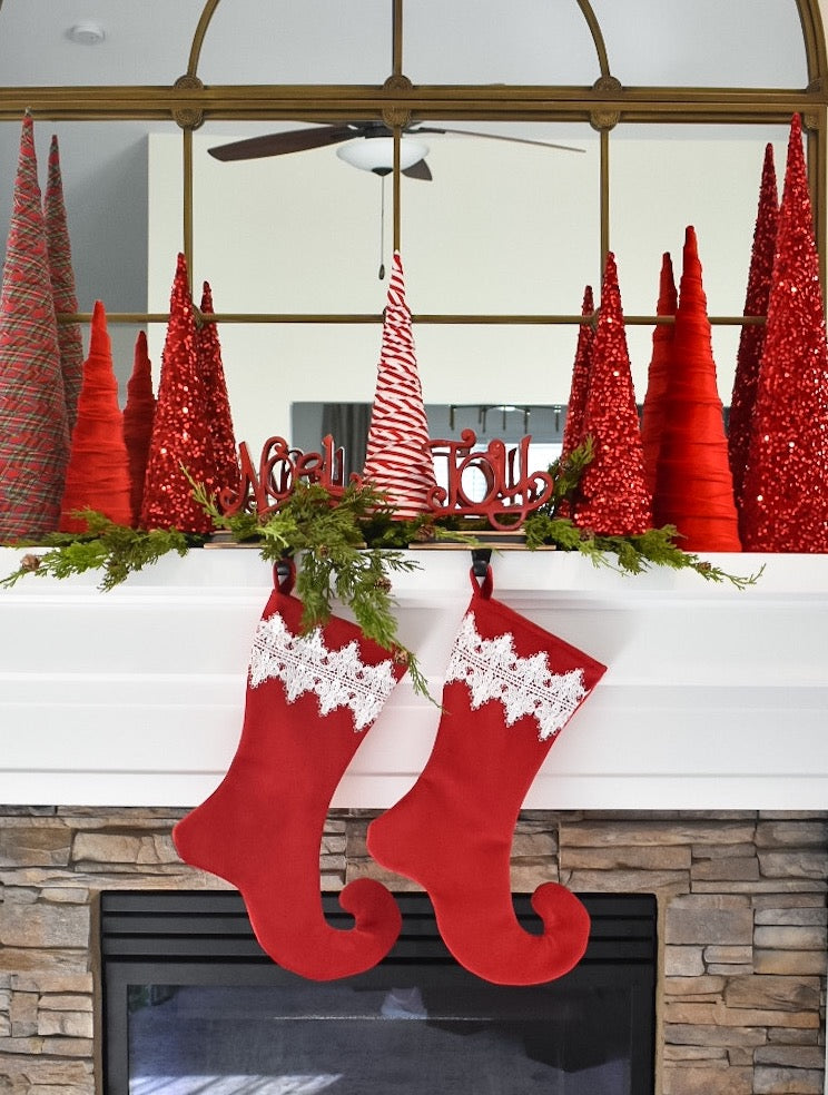Red Velvet Christmas Stocking with White Lace Trim