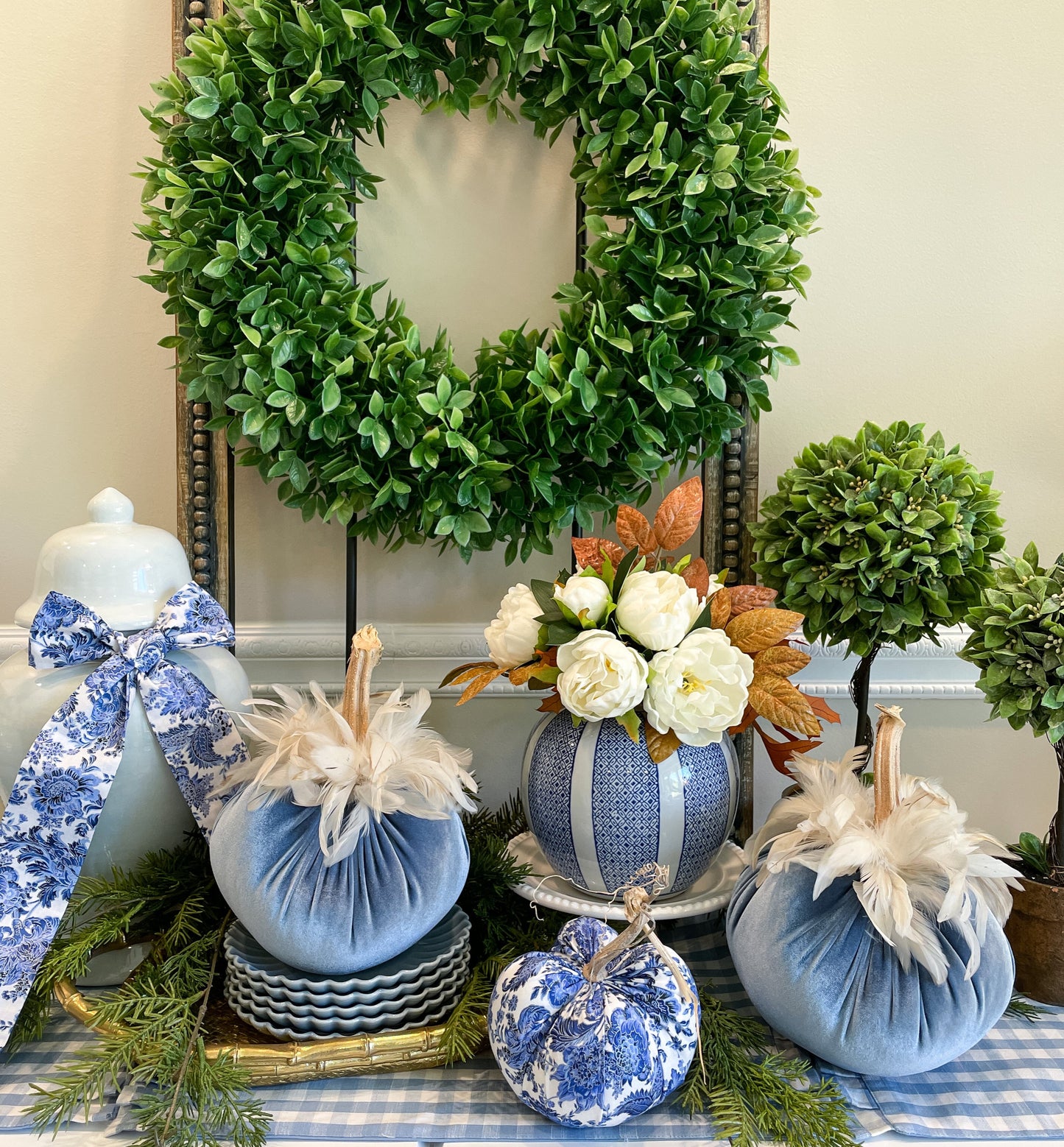 Velvet Pumpkin in Blush with Cream Feathers