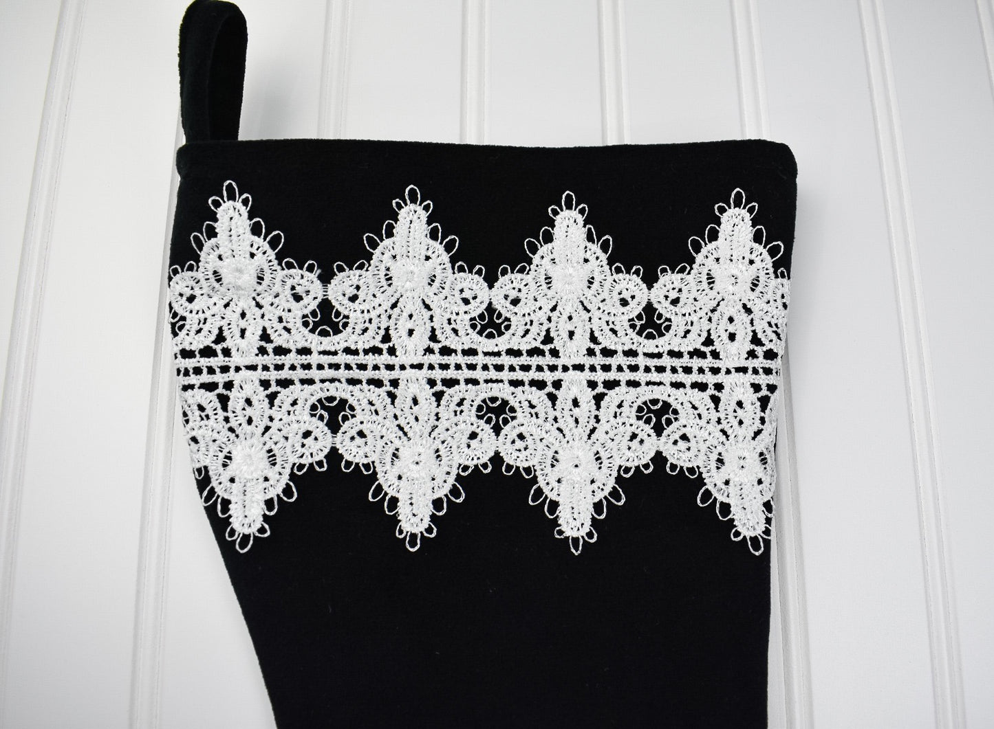 Black Velvet Christmas Stocking with White Lace Trim