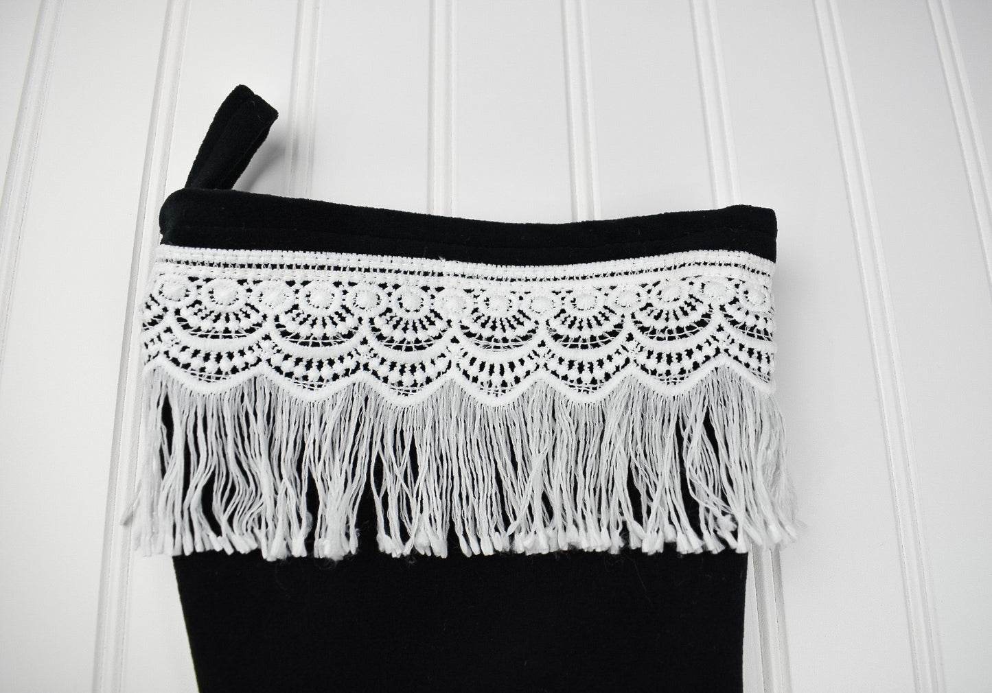 Black Velvet Christmas Stocking with White Fringe Trim