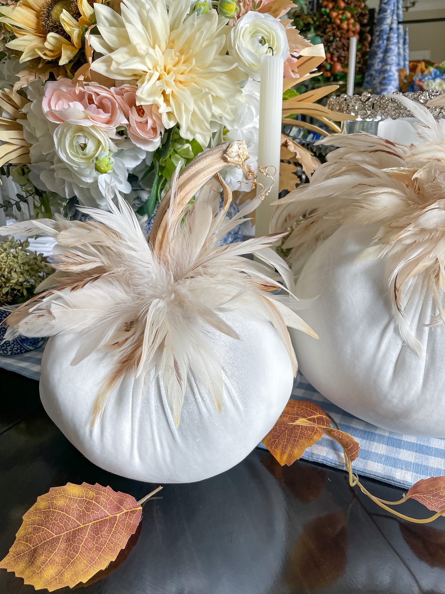 Cream Velvet Pumpkin: Fall Decor with Cream Feathers, (Sold Individually)
