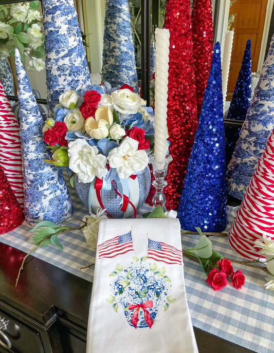 Patriotic Chinoiserie Jar with Hydrangea and Flags Kitchen Towel