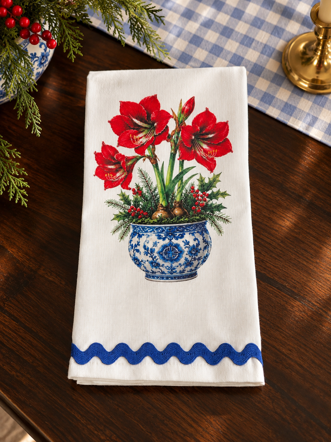Red Amaryllis Chinoiserie Christmas Kitchen Towel | Plain, Ric Rac & Pom Pom Trim