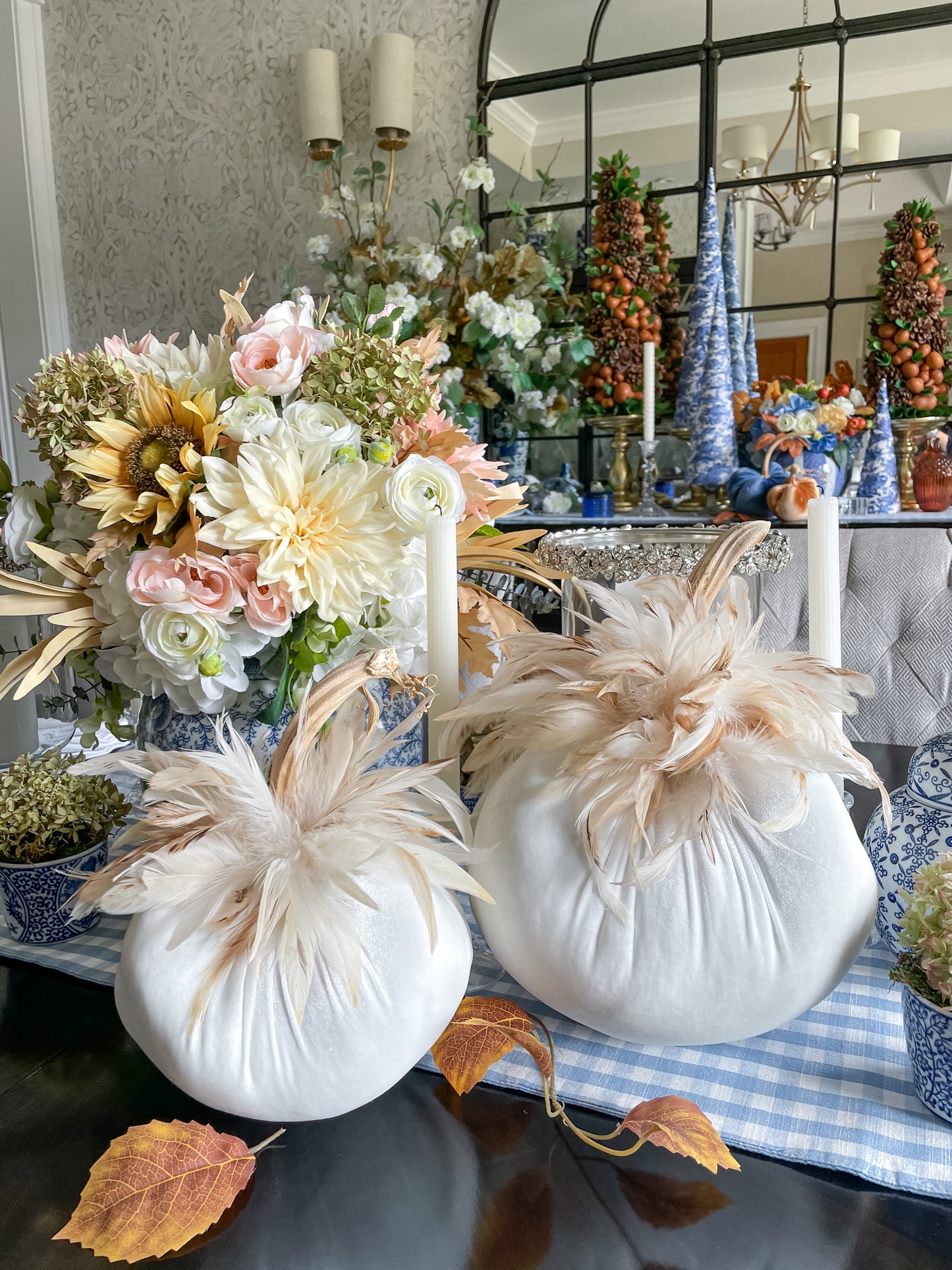 Cream Velvet Pumpkin: Fall Decor with Cream Feathers, (Sold Individually)