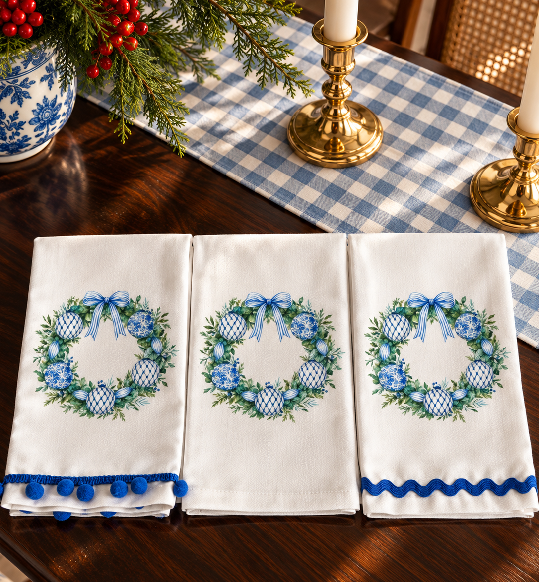 Blue Chinoiserie Ornament Wreath Christmas Kitchen Towel | Plain, Ric Rac & Pom Pom Trim