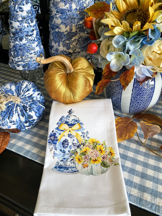 Chinoiserie Jar with Pumpkin and Sunflowers Kitchen Towel