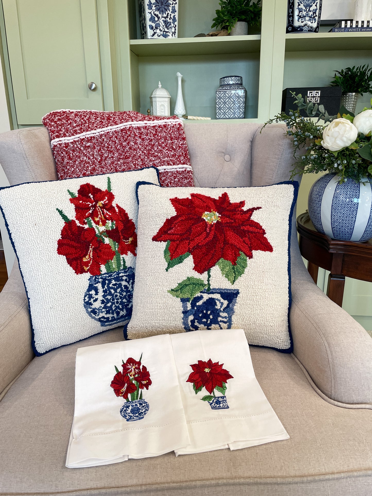 Holiday Chinoiserie Poinsettia Hook Pillow