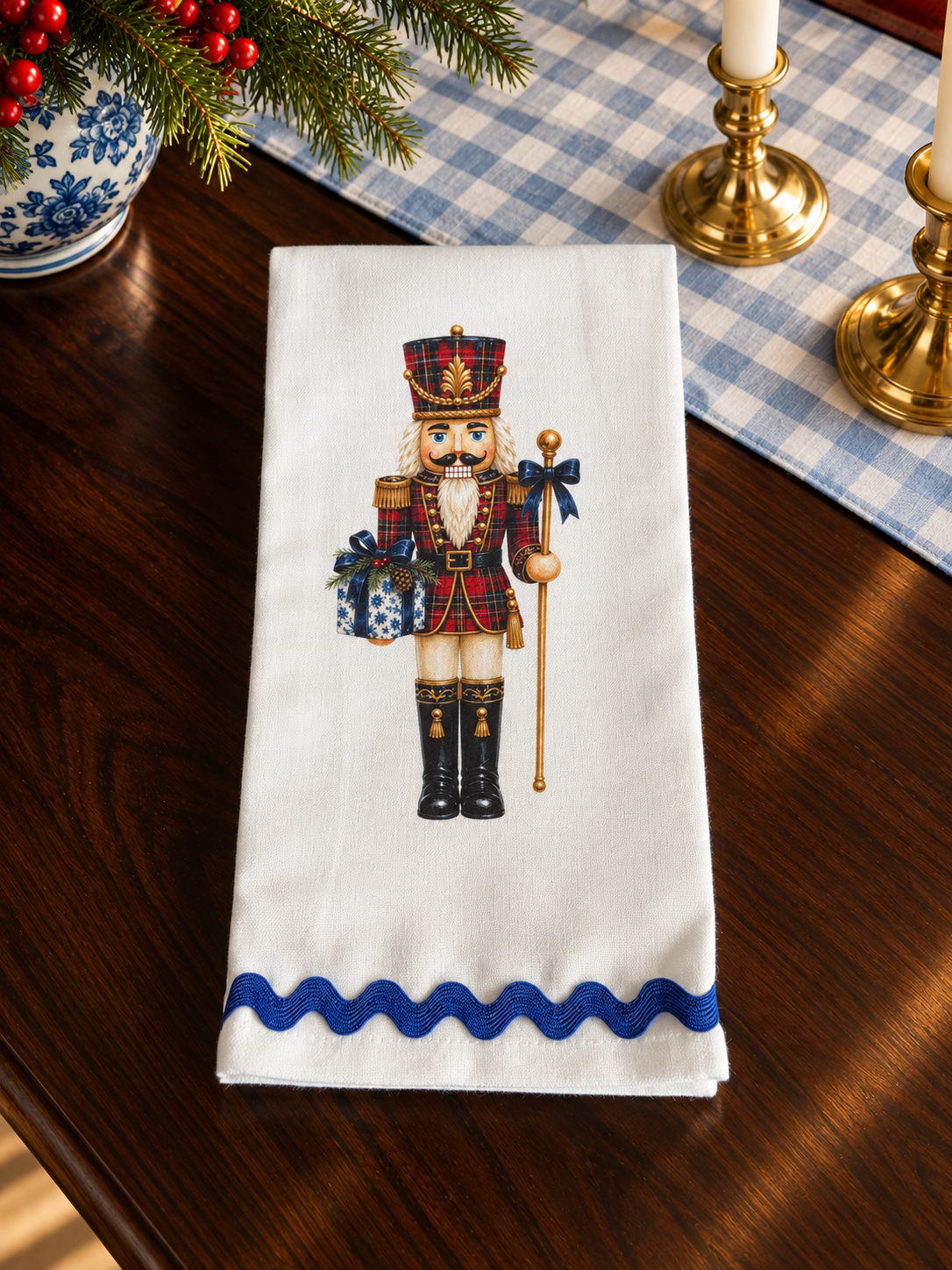 Tartan Nutcracker Christmas Kitchen Towel | Plain, Ric Rac & Pom Pom Trim