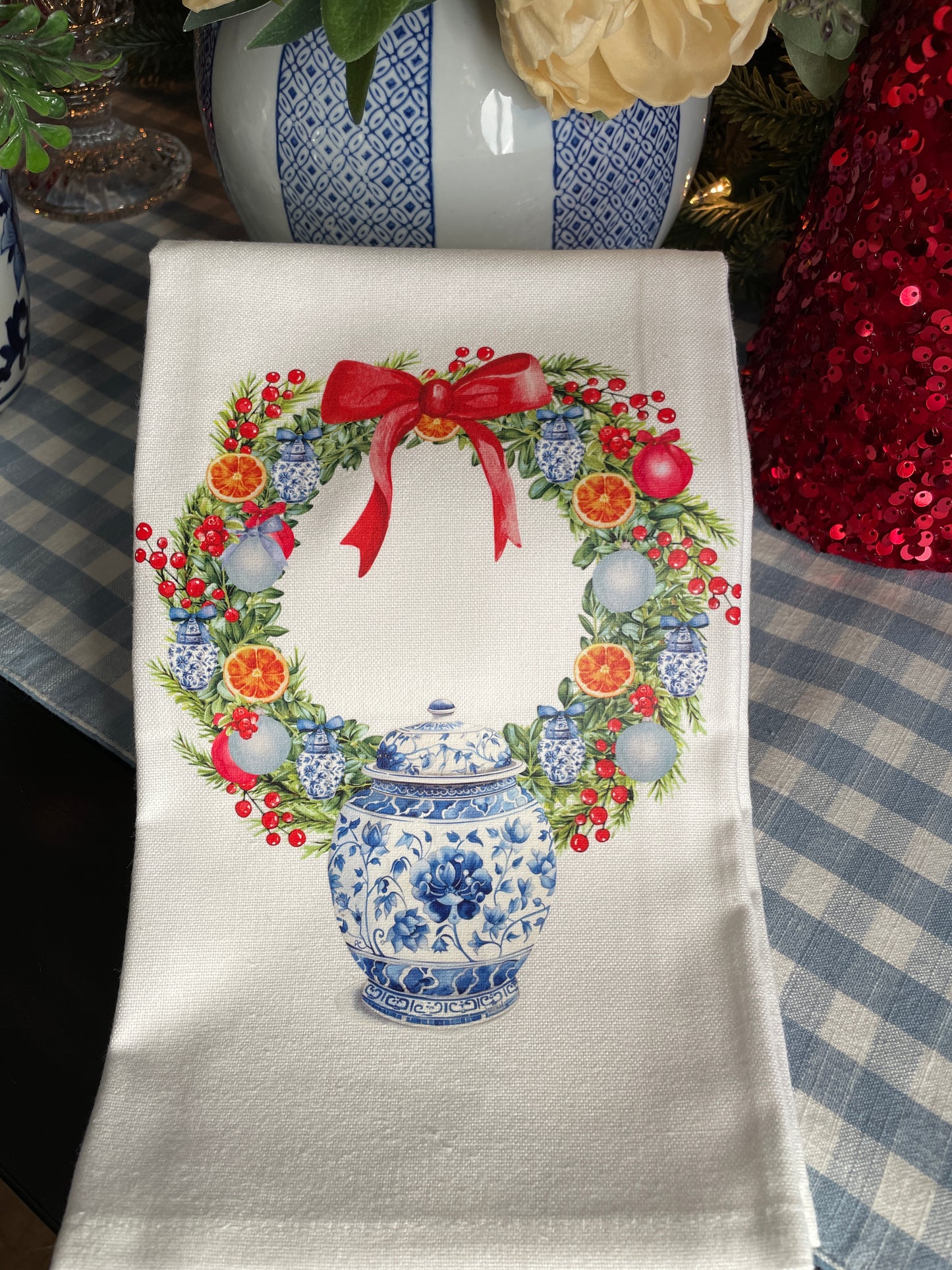 Chinoiserie Christmas Wreath Kitchen Towel