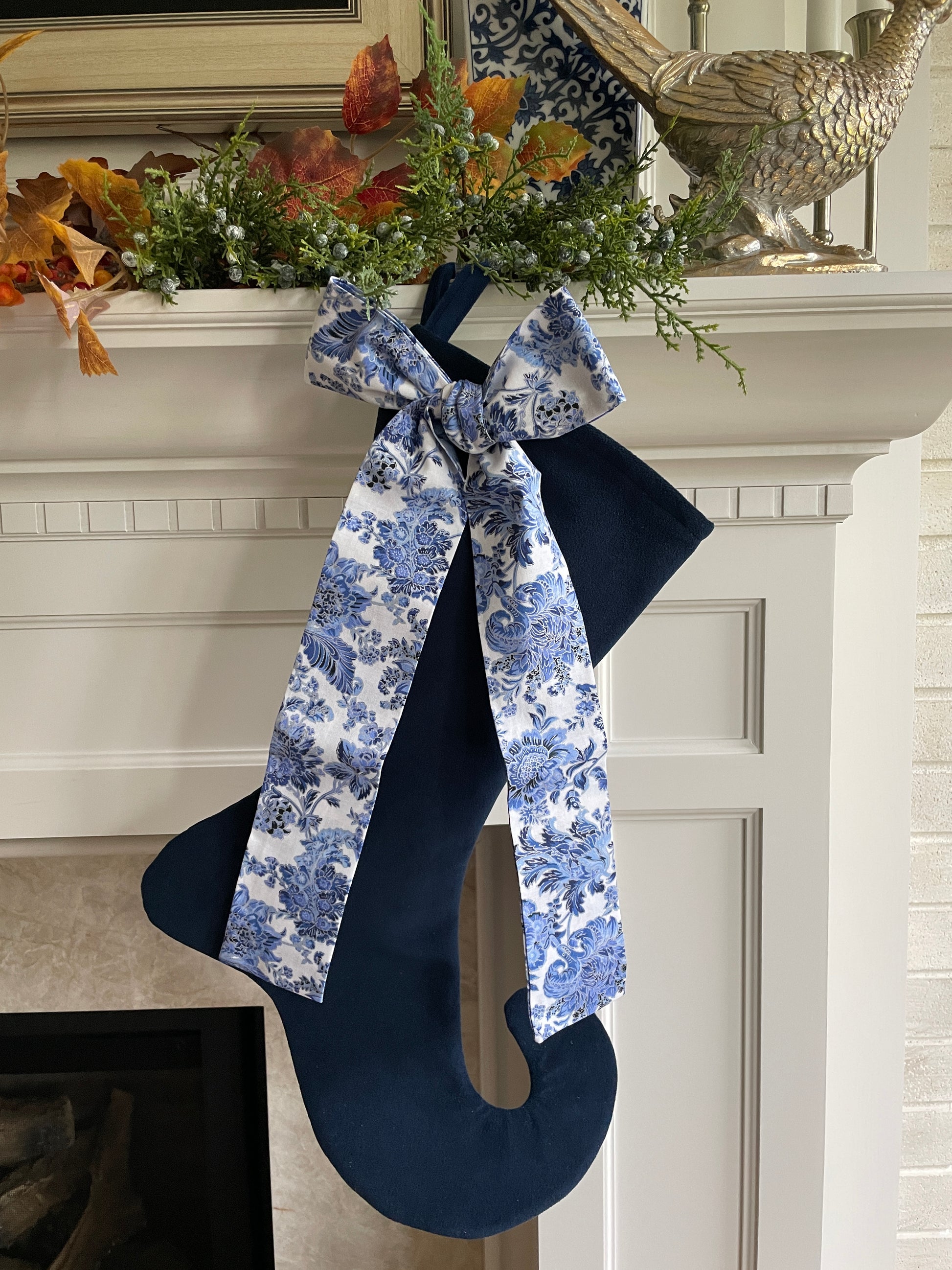 Navy Velvet Christmas Stocking with Chinoiserie Bow, Sold Individually