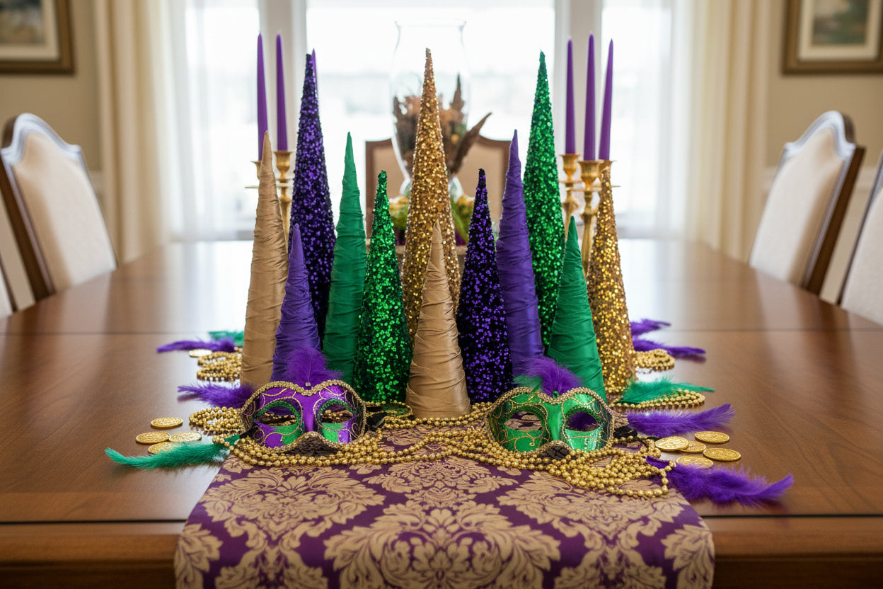 Mardi Gras-themed table setting with masks, beads, and decorative trees on a dining table.