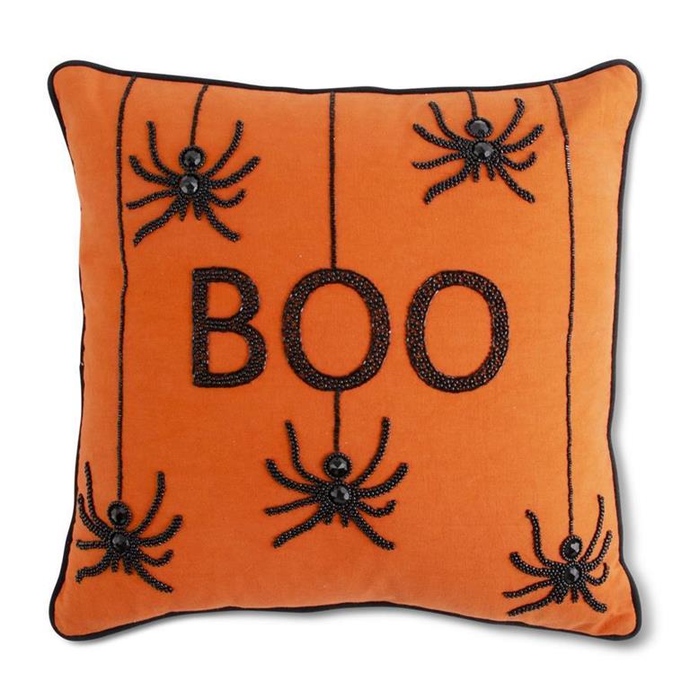 Beaded Boo Halloween Pillow With Spiders