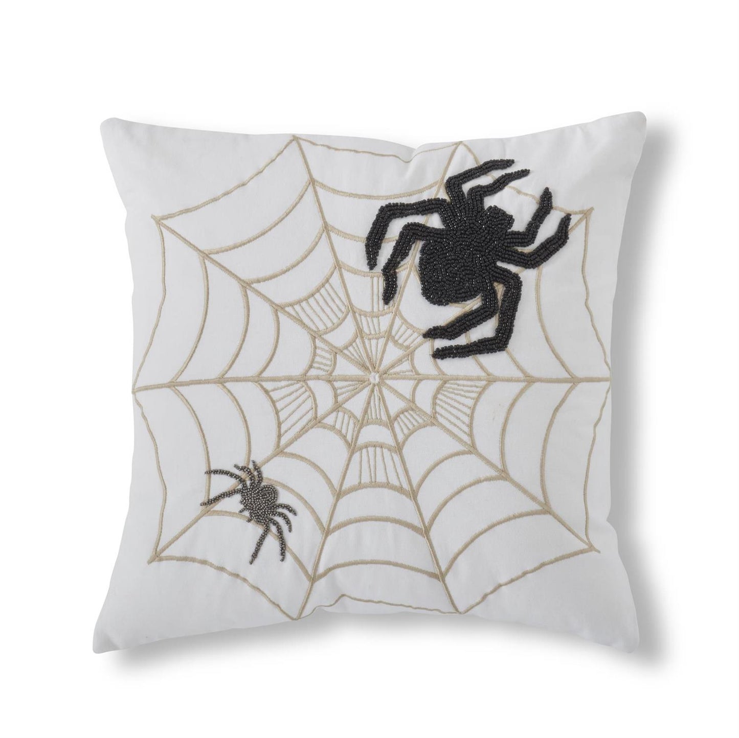 White Halloween Pillow With Beaded Spiders