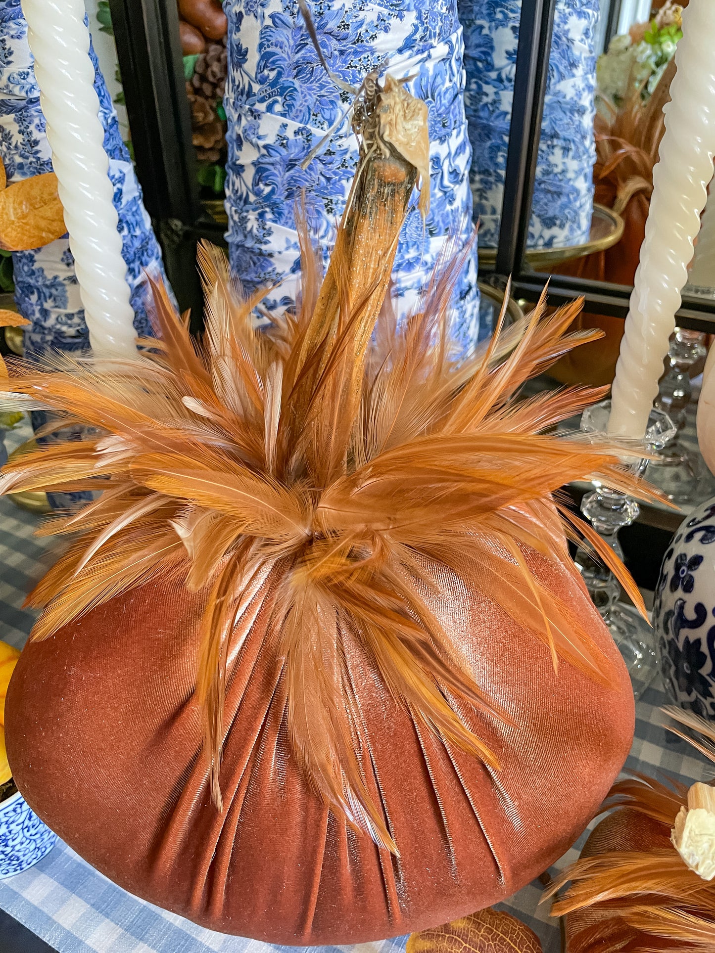 Velvet Pumpkin in Copper with Copper & Cream Feathers