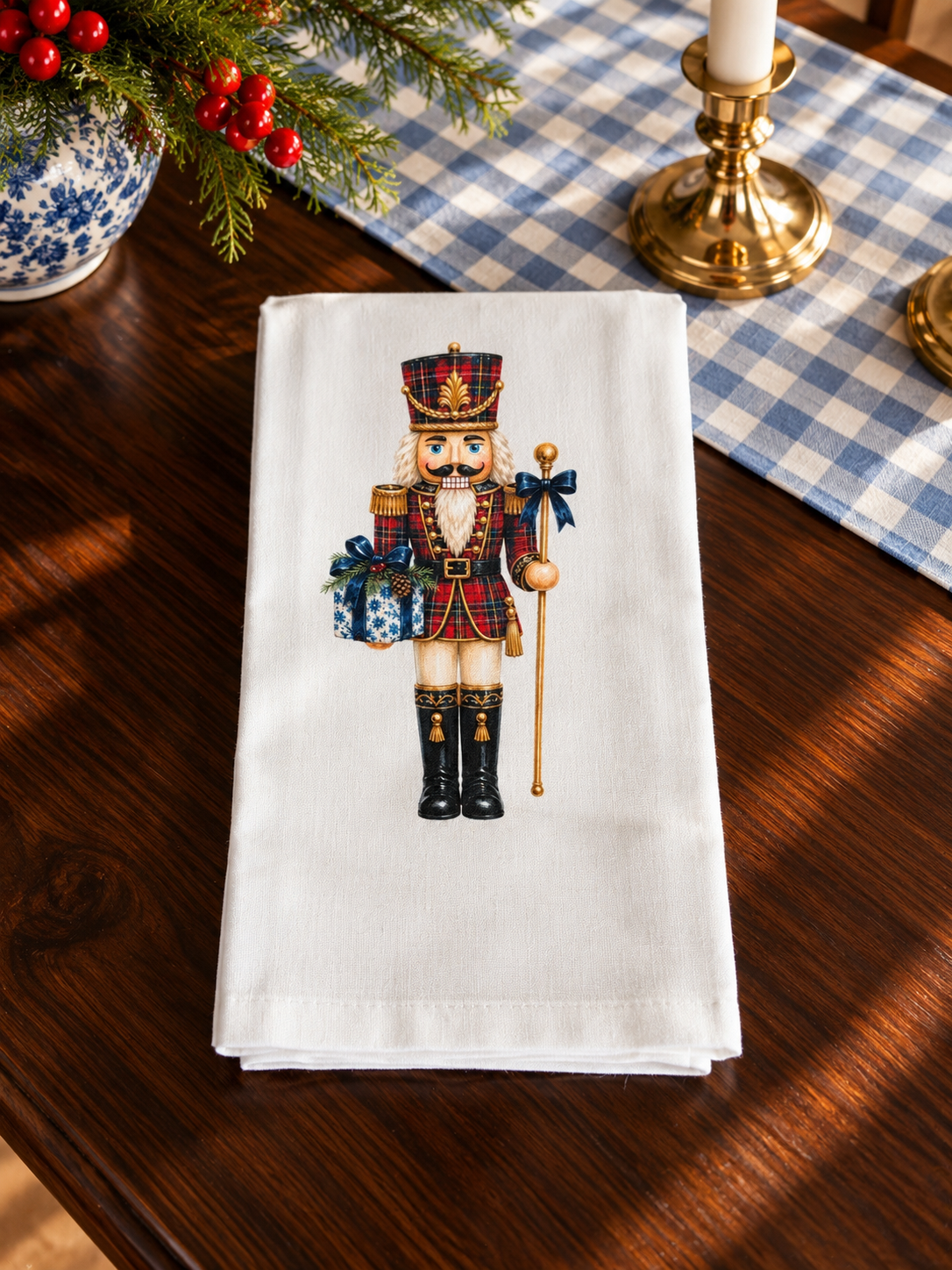Tartan Nutcracker Christmas Kitchen Towel | Plain, Ric Rac & Pom Pom Trim