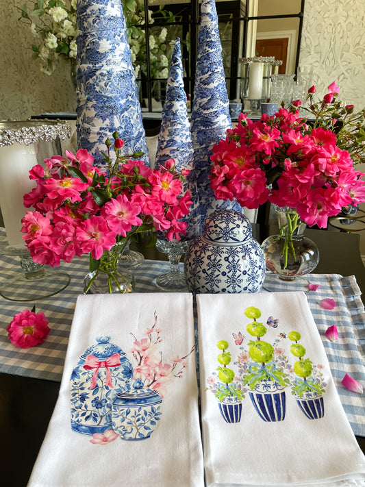 Chinoiserie Jar Topiary with Butterflies Kitchen Towel