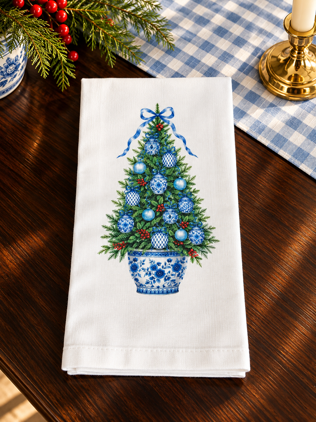 Blue Chinoiserie Christmas Tree Kitchen Towel | Plain, Ric Rac & Pom Pom Trim