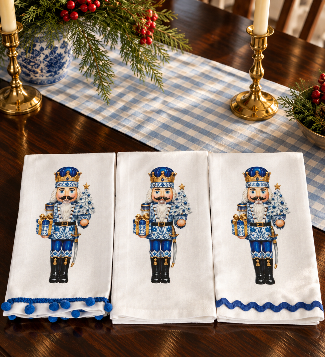 Blue Chinoiserie Nutcracker Christmas Kitchen Towel | Plain, Ric Rac & Pom Pom Trim
