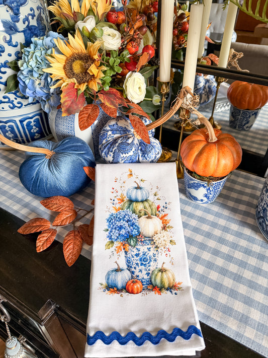 Blue Chinoiserie Pumpkin Urn Kitchen Towel | Plain, Ric Rac & Pom Pom Trim