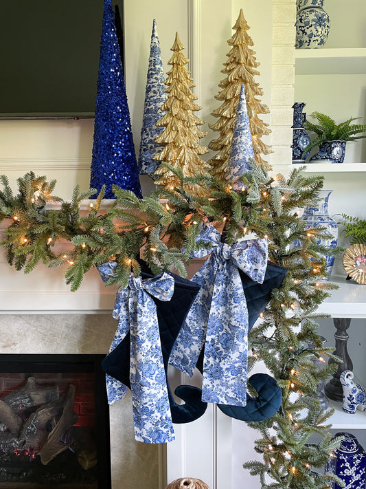 Navy Velvet Christmas Stocking with Chinoiserie Bow, Sold Individually