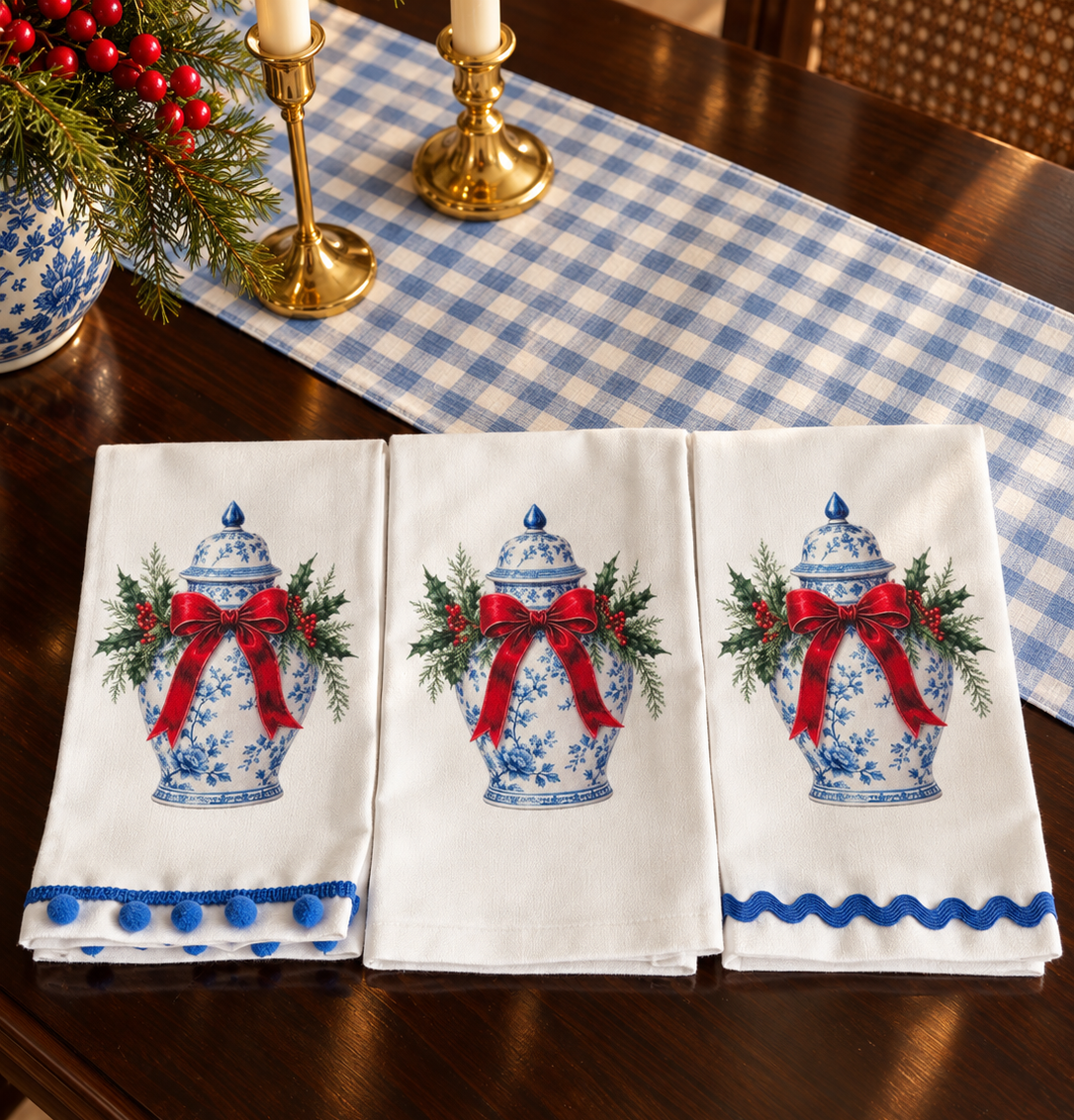 Blue Chinoiserie Ginger Jar Christmas Kitchen Towel | Plain, Ric Rac & Pom Pom Trim