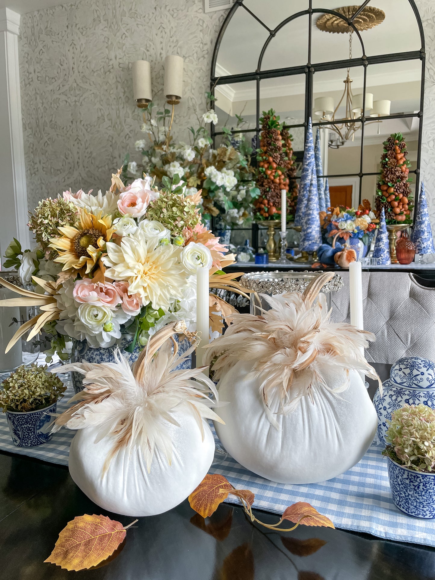 Cream Velvet Pumpkin: Fall Decor with Cream Feathers, (Sold Individually)