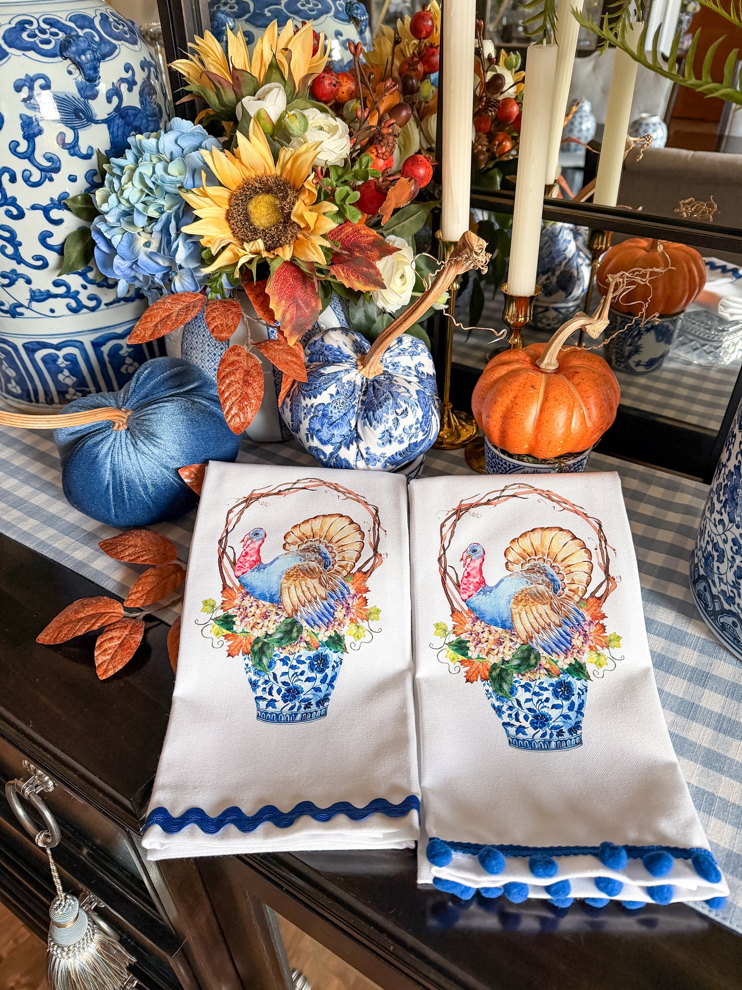 Blue Chinoiserie Turkey Kitchen Towel | Plain, Ric Rac & Pom Pom Trim