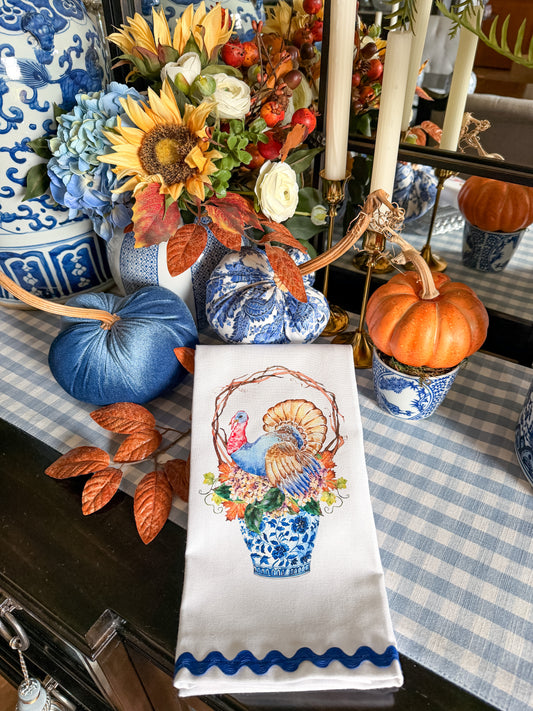 Blue Chinoiserie Turkey Kitchen Towel | Plain, Ric Rac & Pom Pom Trim
