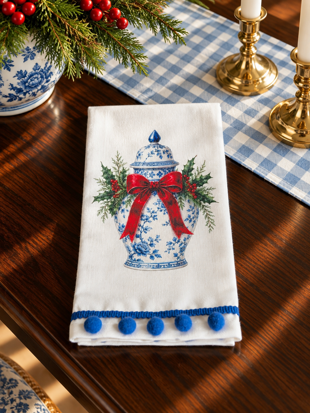 Blue Chinoiserie Ginger Jar Christmas Kitchen Towel | Plain, Ric Rac & Pom Pom Trim