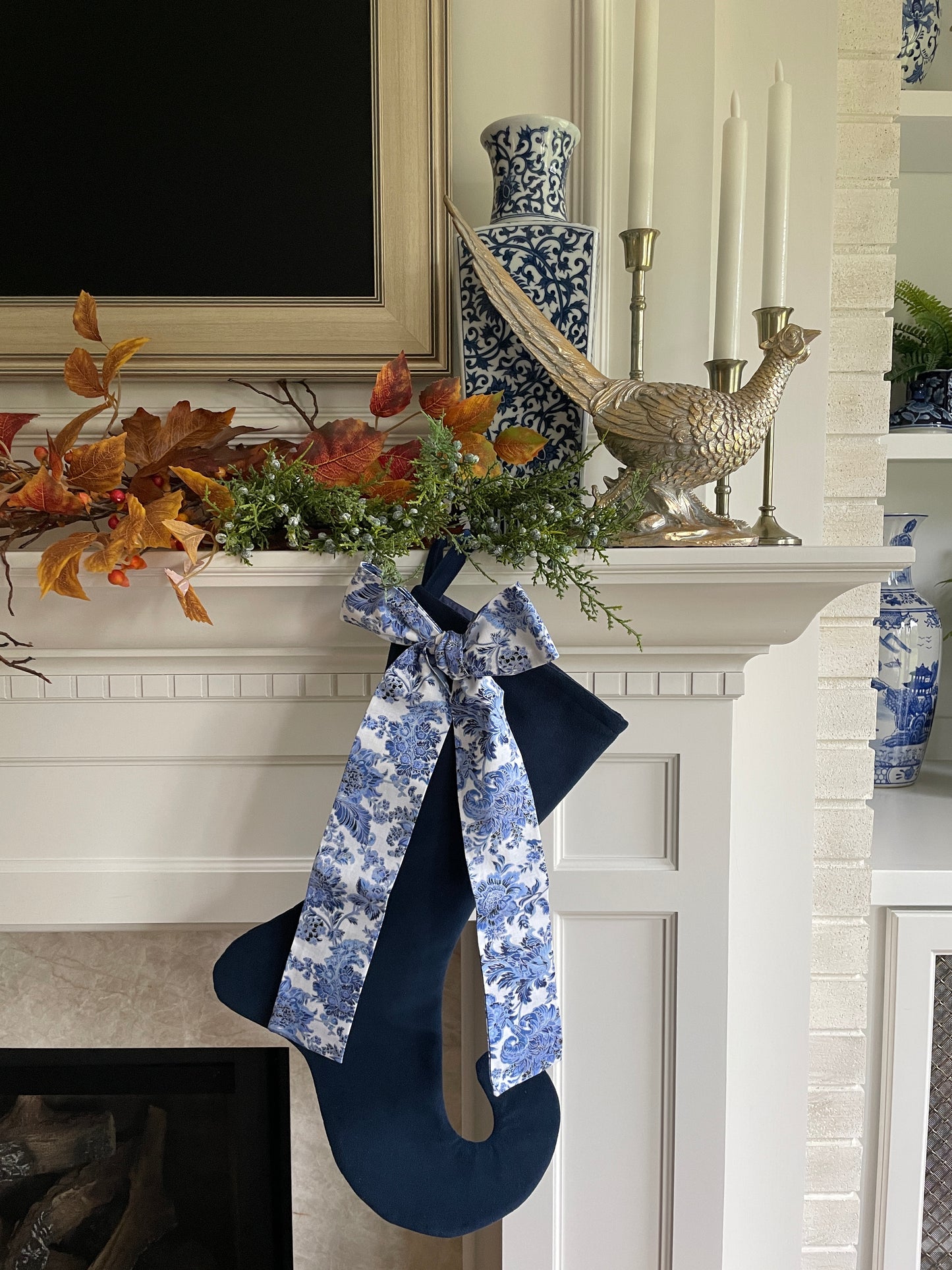 Navy Velvet Christmas Stocking with Chinoiserie Bow