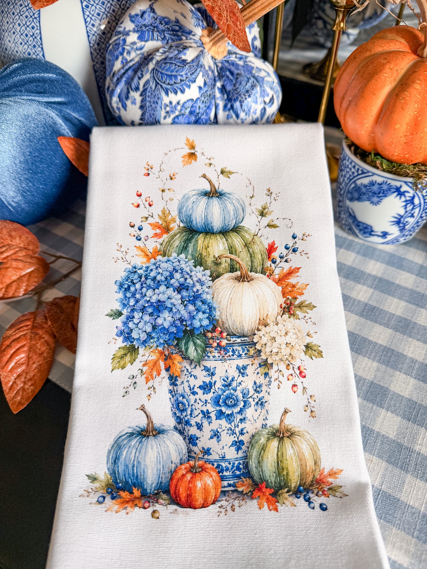 Blue Chinoiserie Pumpkin Urn Kitchen Towel | Plain, Ric Rac & Pom Pom Trim (Copy)