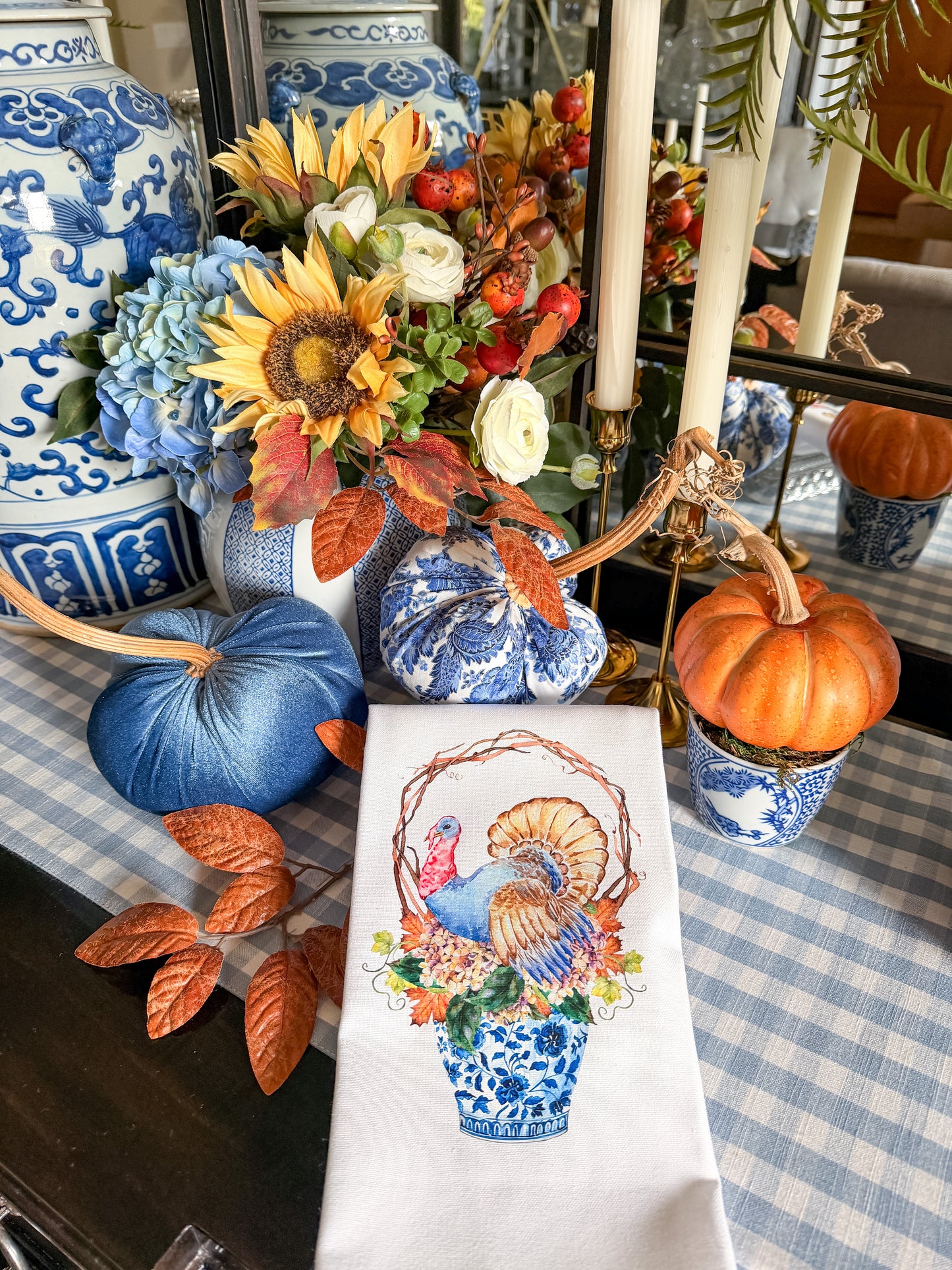 Blue Chinoiserie Turkey Kitchen Towel | Plain, Ric Rac & Pom Pom Trim