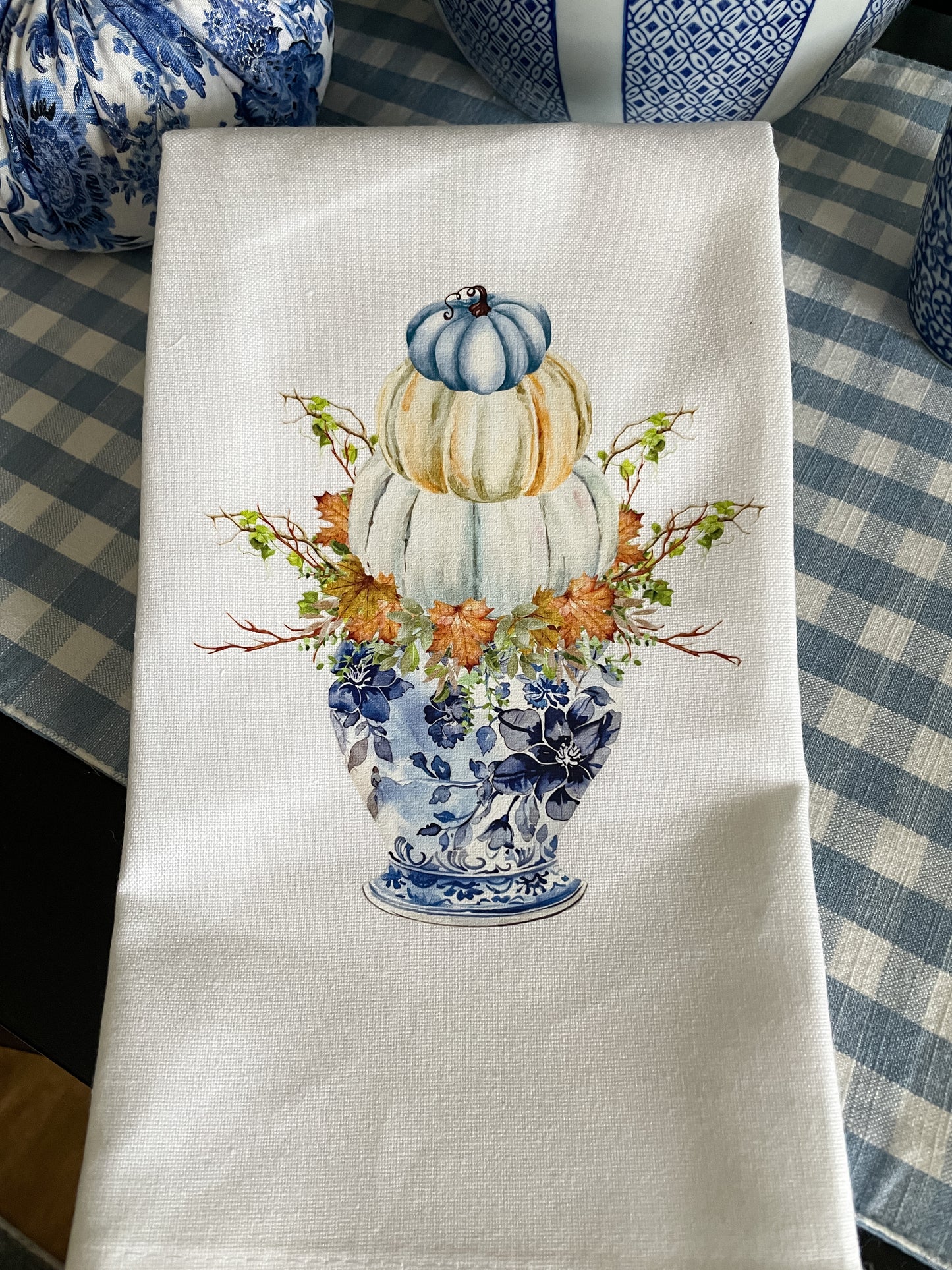 Stacked Pumpkin Topiary on Chinoiserie Jar Kitchen Towel