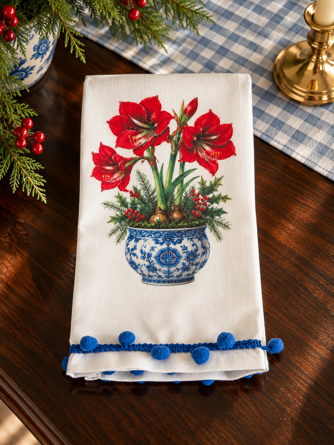 Red Amaryllis Chinoiserie Christmas Kitchen Towel | Plain, Ric Rac & Pom Pom Trim