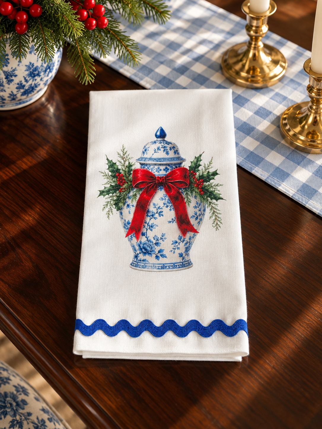 Blue Chinoiserie Ginger Jar Christmas Kitchen Towel | Plain, Ric Rac & Pom Pom Trim