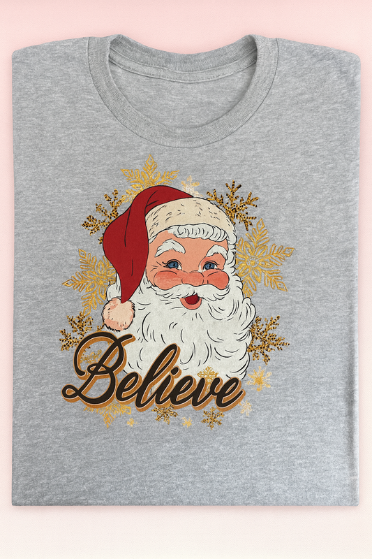 Believe Santa Tee- Gray