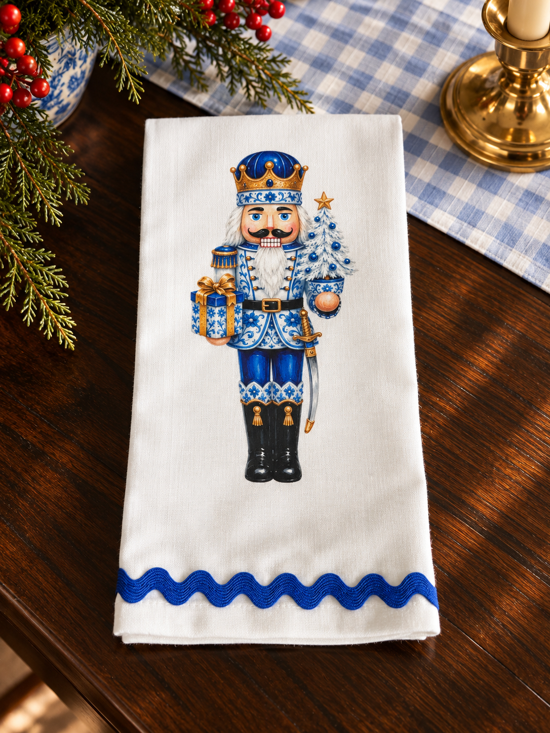 Blue Chinoiserie Nutcracker Christmas Kitchen Towel | Plain, Ric Rac & Pom Pom Trim