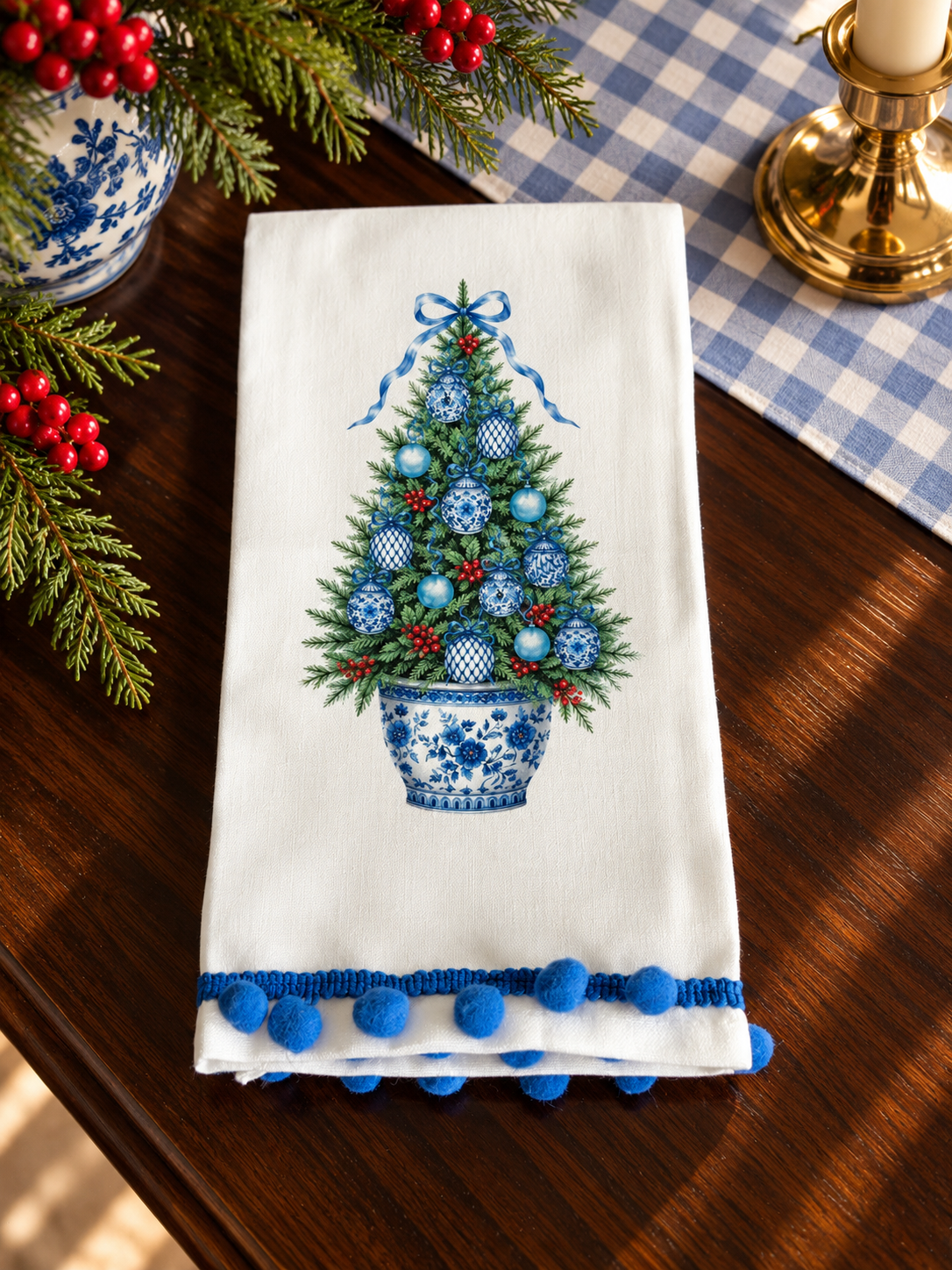 Blue Chinoiserie Christmas Tree Kitchen Towel | Plain, Ric Rac & Pom Pom Trim