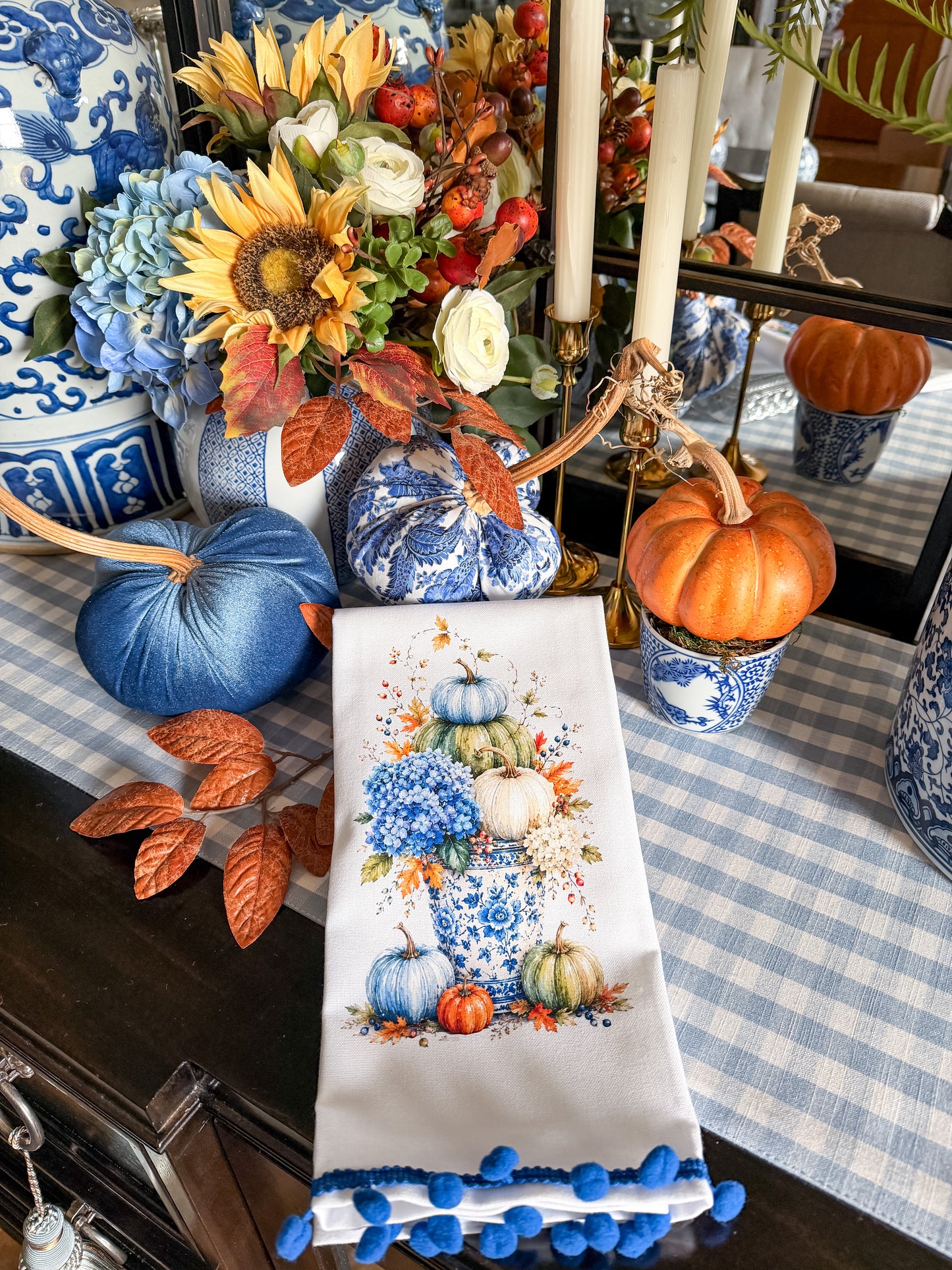 Blue Chinoiserie Pumpkin Urn Kitchen Towel | Plain, Ric Rac & Pom Pom Trim (Copy)