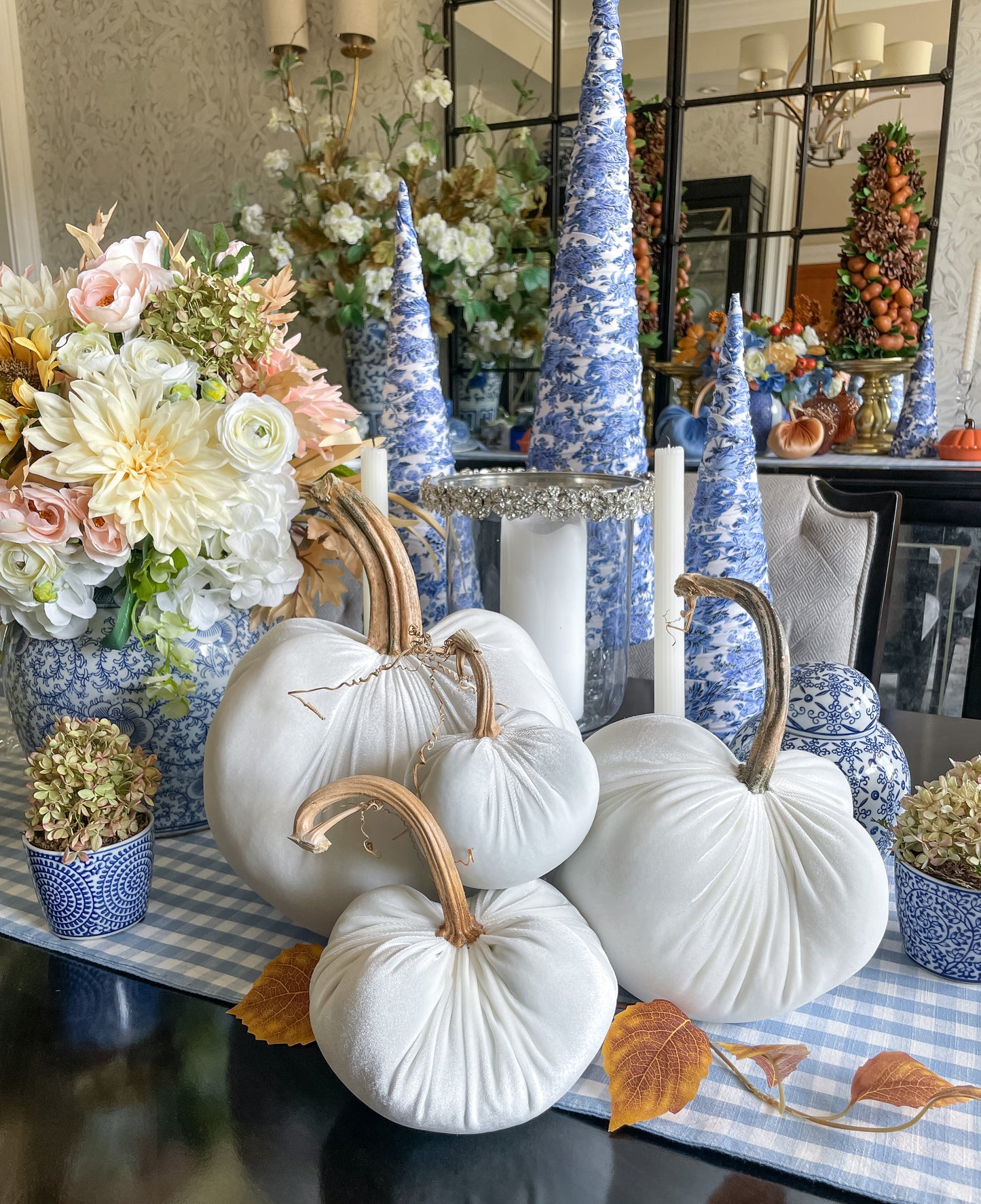Velvet Pumpkin in Cream with Real Stem, Fall Decor,Sold Individually