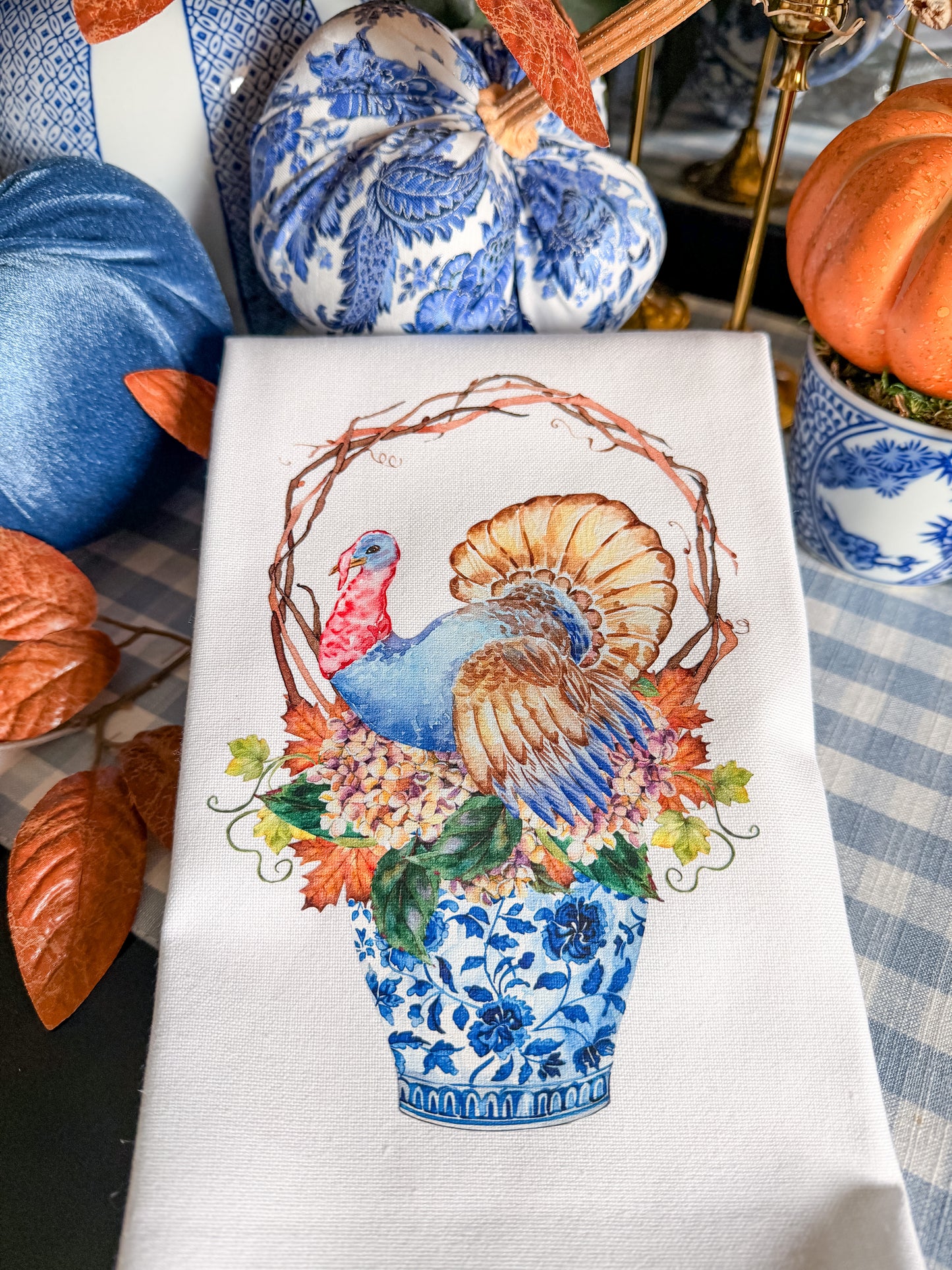 Blue Chinoiserie Turkey Kitchen Towel | Plain, Ric Rac & Pom Pom Trim