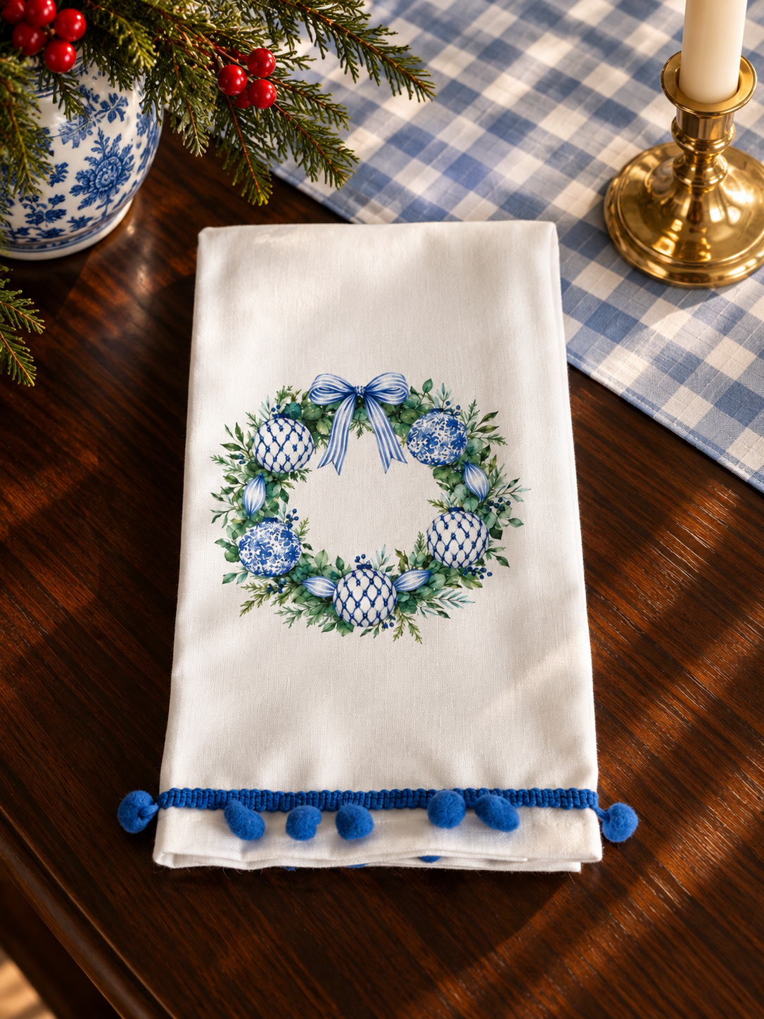 Blue Chinoiserie Ornament Wreath Christmas Kitchen Towel | Plain, Ric Rac & Pom Pom Trim