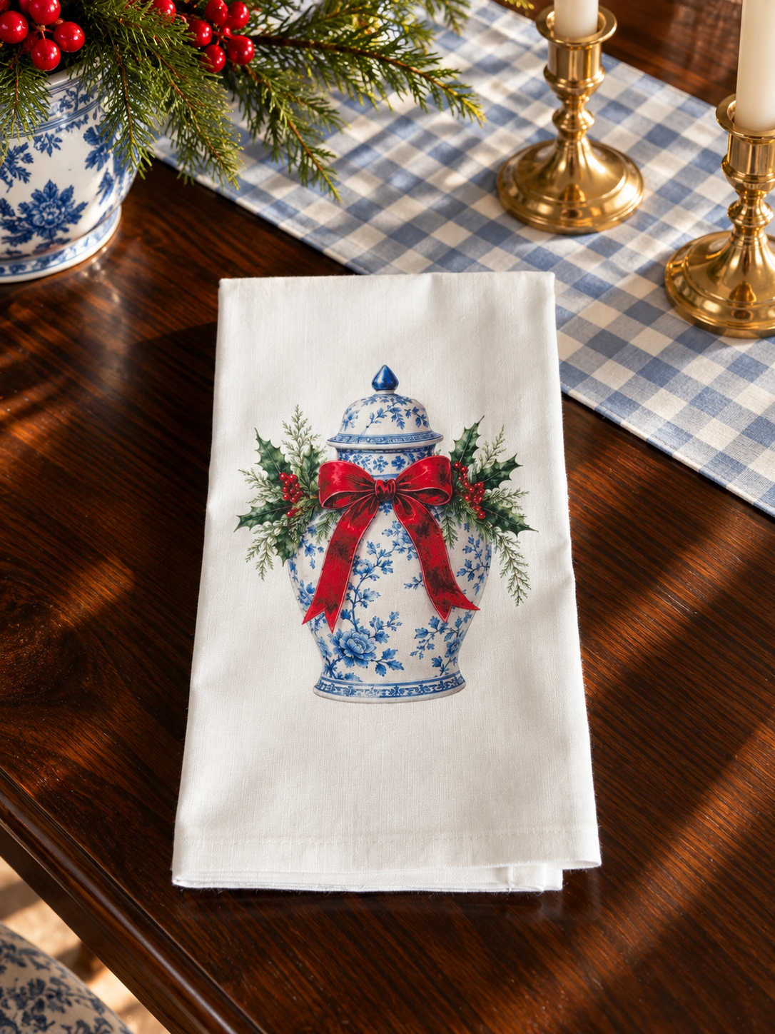 Blue Chinoiserie Ginger Jar Christmas Kitchen Towel | Plain, Ric Rac & Pom Pom Trim