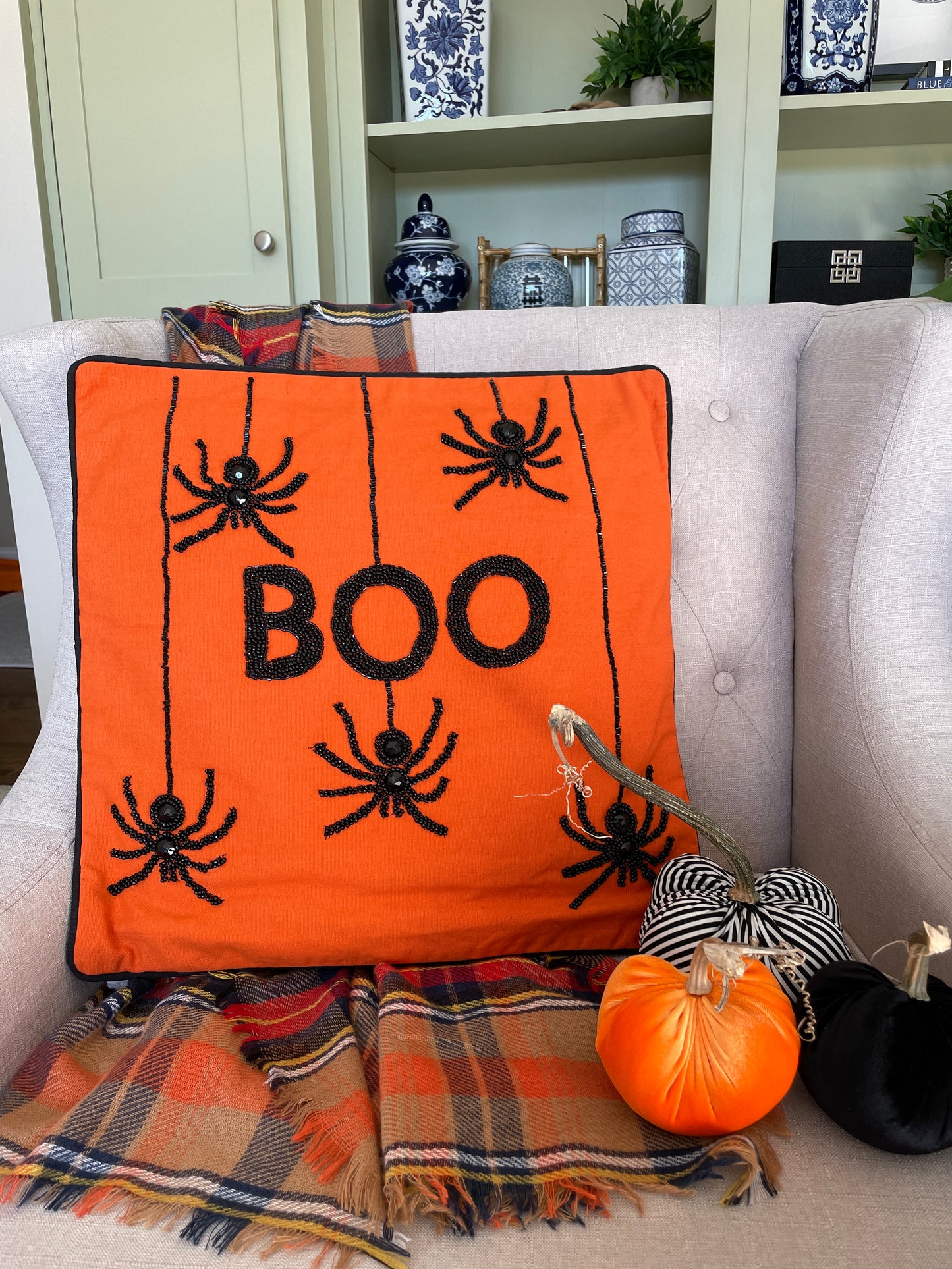 Beaded Boo Halloween Pillow With Spiders