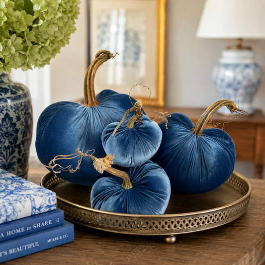 Ocean Blue Velvet Pumpkins with Real Stems, Fall Decor