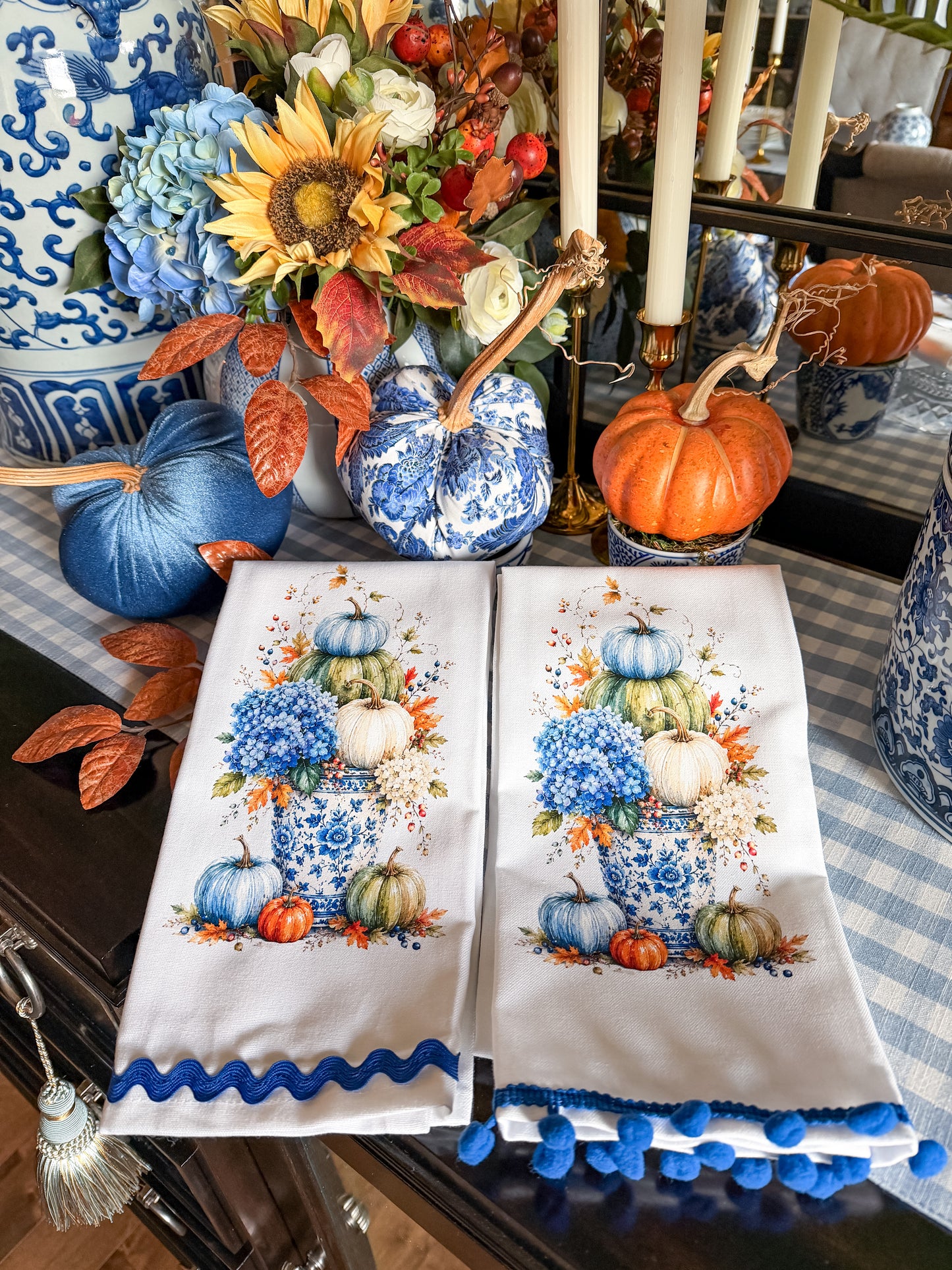 Blue Chinoiserie Pumpkin Urn Kitchen Towel | Plain, Ric Rac & Pom Pom Trim (Copy)