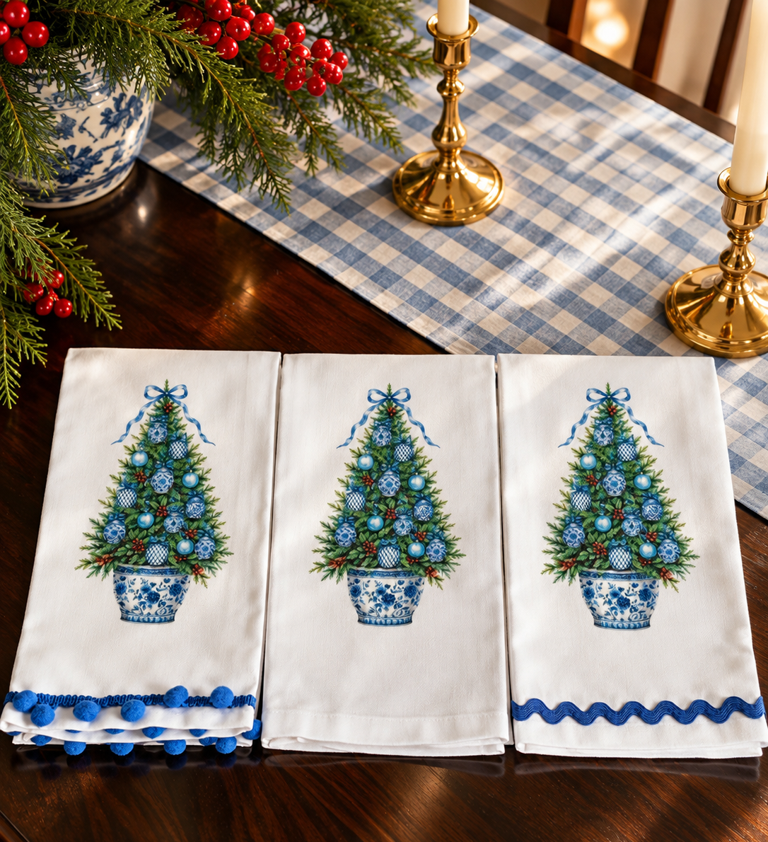 Blue Chinoiserie Christmas Tree Kitchen Towel | Plain, Ric Rac & Pom Pom Trim
