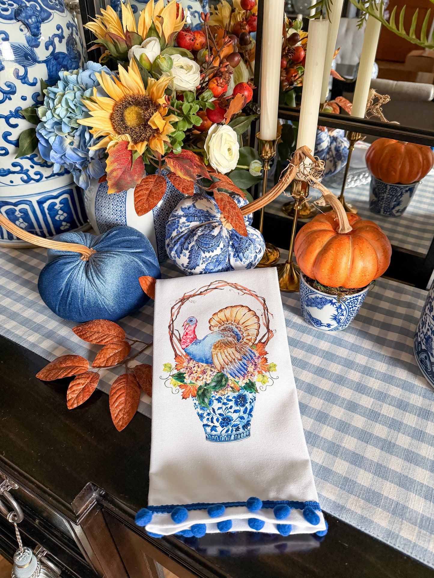 Blue Chinoiserie Turkey Kitchen Towel | Plain, Ric Rac & Pom Pom Trim