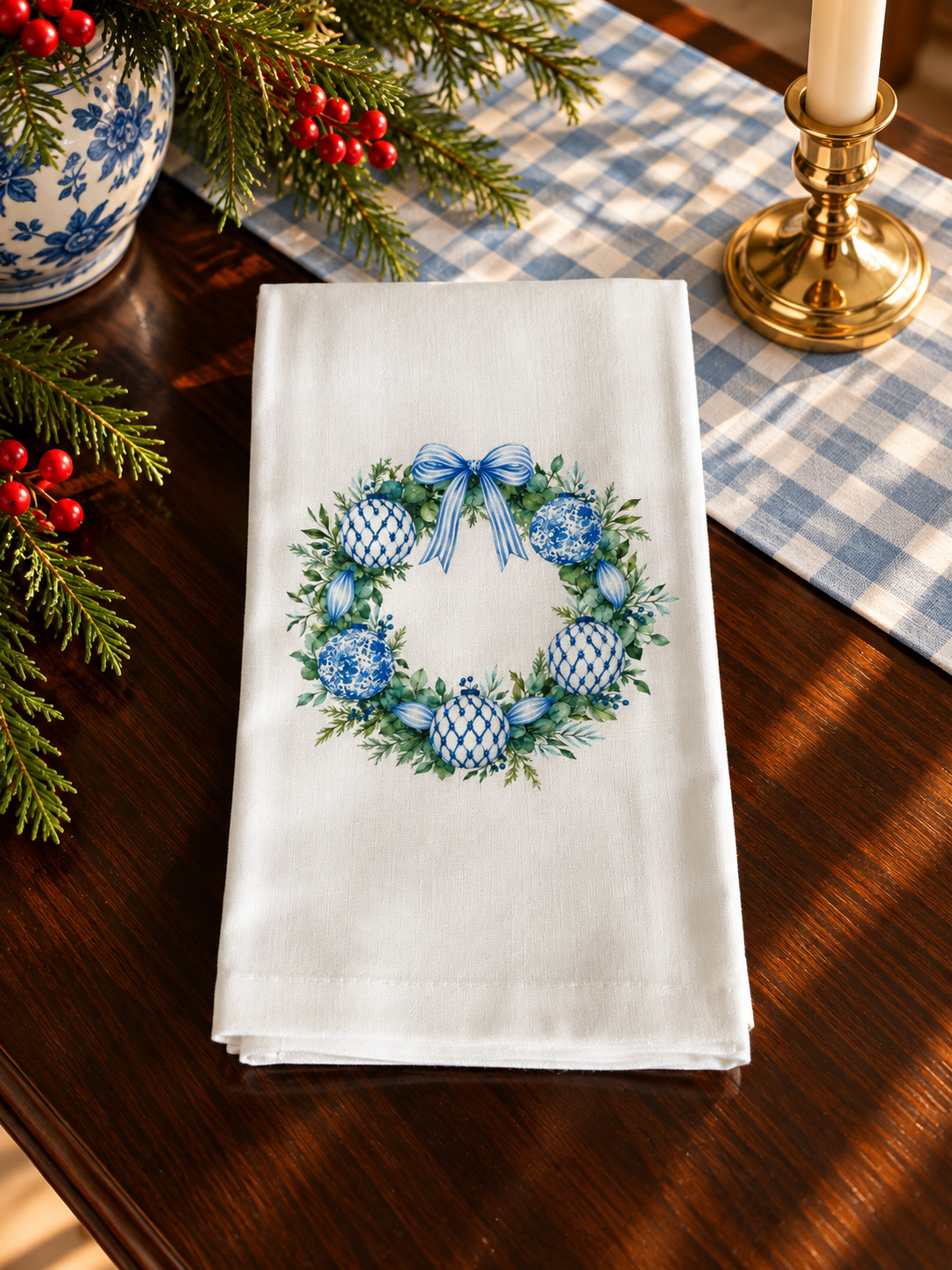 Blue Chinoiserie Ornament Wreath Christmas Kitchen Towel | Plain, Ric Rac & Pom Pom Trim